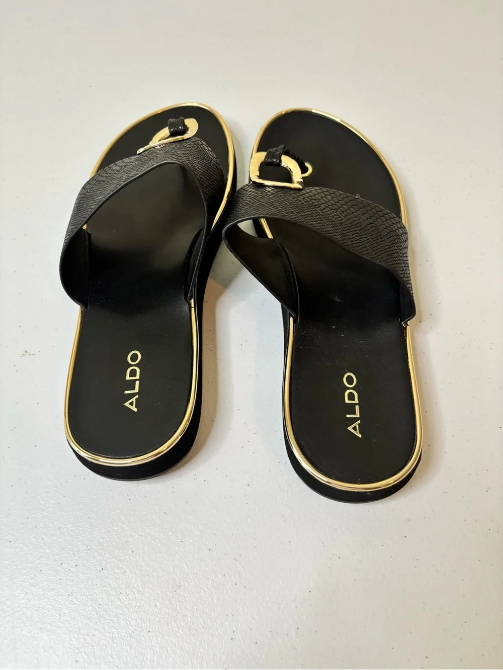 ALDO Black Slide Sandals with Gold Buckle Detail - Picture 3 of 5